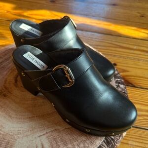 Steve Madden Black Clogs with Gold Buckle